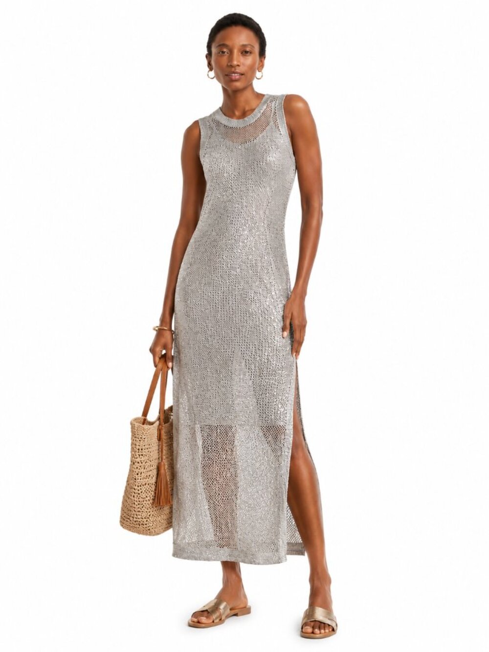 A New Day Openwork Midi Sweater Dress | Size L | Gray Metallic | NWT